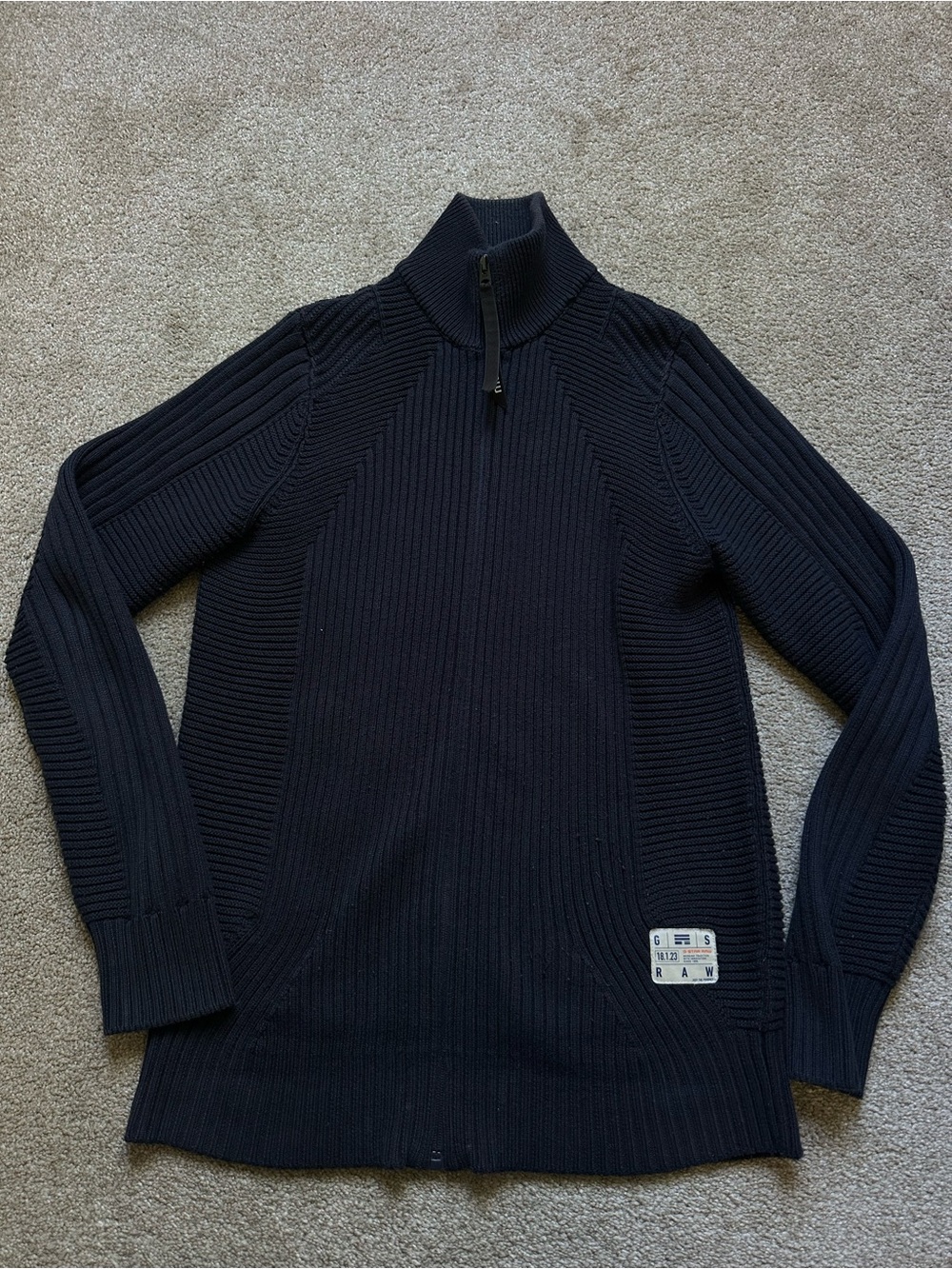 G-Star Raw Men’s Navy Blue Full Zip Knit Ribbed Relaxed Fit Sweater